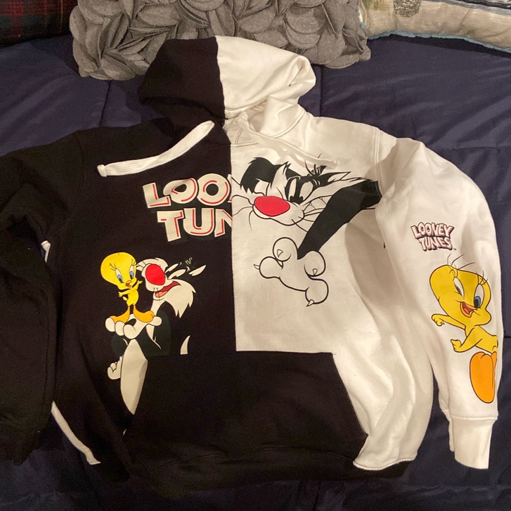 Looney Tunes, hooded, long sleeve sweatshirt, black & white with pouch in front